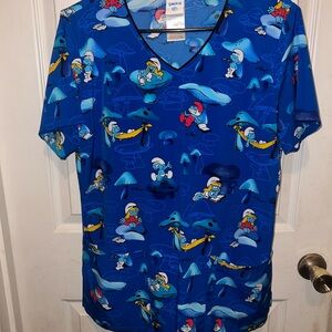 Blue Cartoon Print Scrub Top